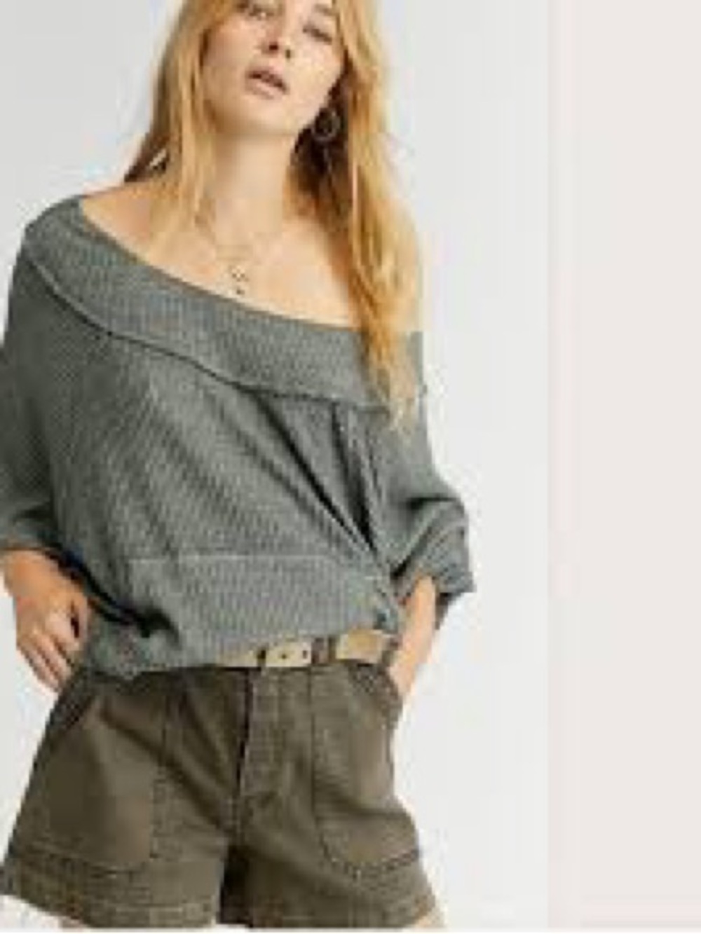 We The Free Off-the-Shoulder Ribbed Gray Sweater